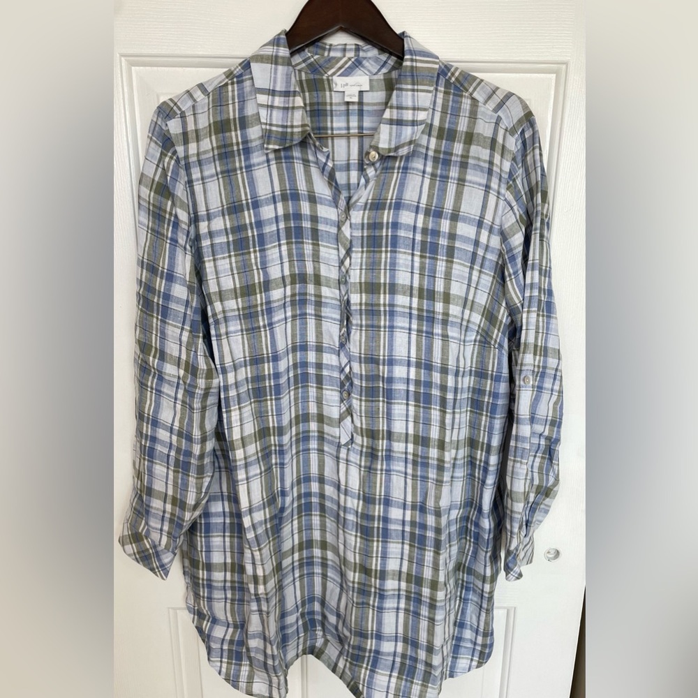 J. Jill Blue, White & Olive Green Plaid Button-Front Blouse